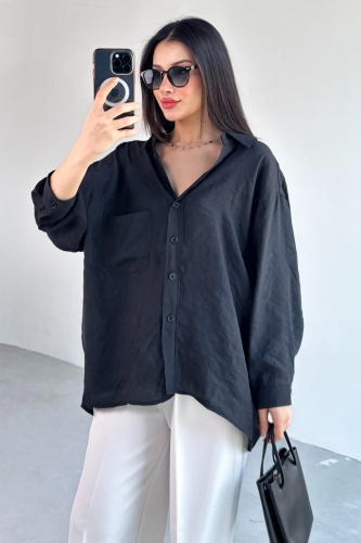 GML-4612 Siyah Düşük Omuzlu Oversize Gömlek - 2