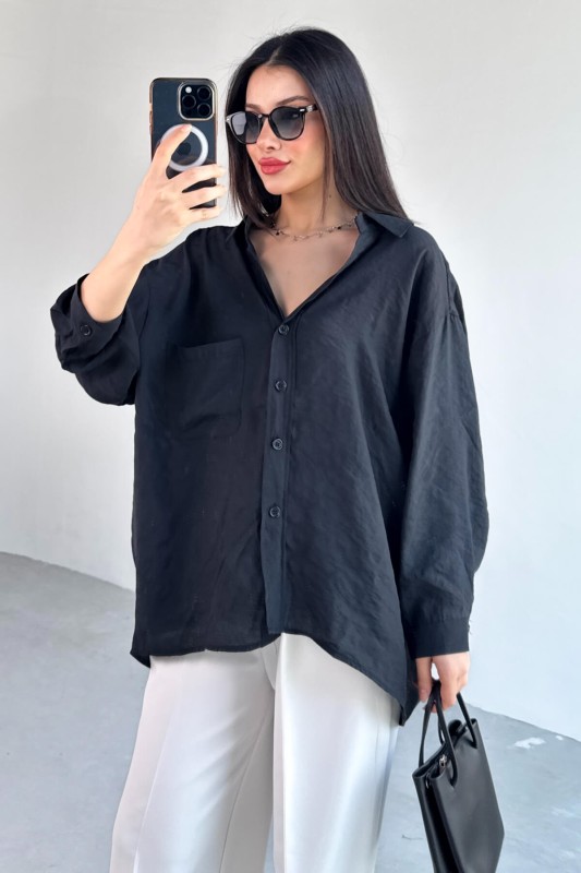 GML-4612 Siyah Düşük Omuzlu Oversize Gömlek - 2