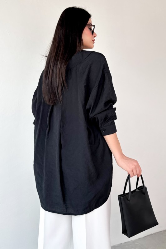 GML-4612 Siyah Düşük Omuzlu Oversize Gömlek - 3
