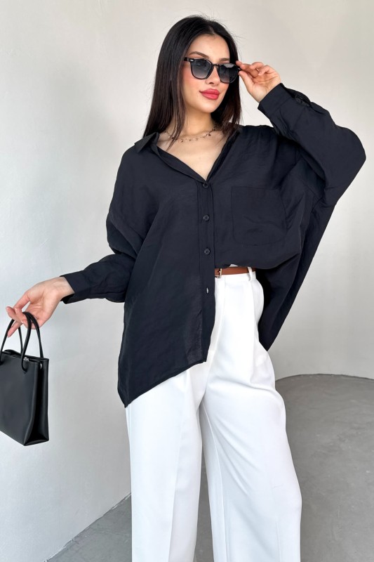 GML-4612 Siyah Düşük Omuzlu Oversize Gömlek - 4