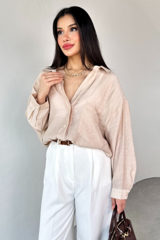 GML-4612 Taş Rengi Düşük Omuzlu Oversize Gömlek - 3