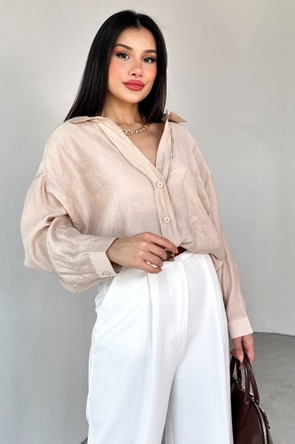 GML-4612 Taş Rengi Düşük Omuzlu Oversize Gömlek - 4