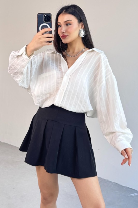GML-4758 Beyaz İnce Çizgili Oversize Gömlek - 3