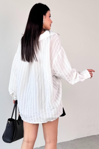 GML-4758 Beyaz İnce Çizgili Oversize Gömlek - 4