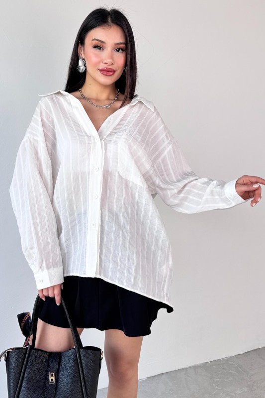 GML-4758 Beyaz İnce Çizgili Oversize Gömlek - 5