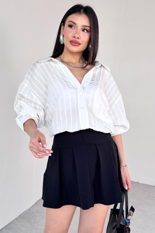 GML-4758 Beyaz İnce Çizgili Oversize Gömlek - 7