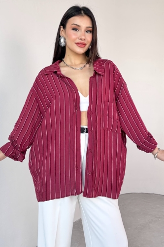 GML-4758 Bordo İnce Çizgili Oversize Gömlek - 2