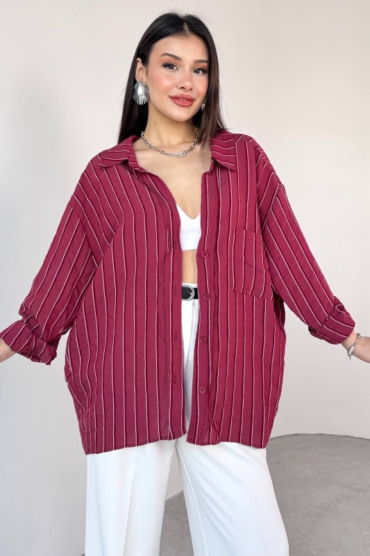 GML-4758 Bordo İnce Çizgili Oversize Gömlek - 2