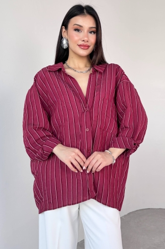 GML-4758 Bordo İnce Çizgili Oversize Gömlek - 3