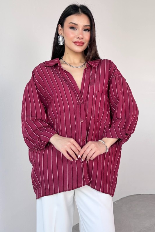 GML-4758 Bordo İnce Çizgili Oversize Gömlek - 3