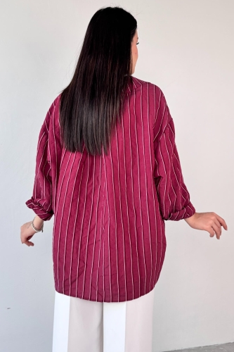 GML-4758 Bordo İnce Çizgili Oversize Gömlek - 4