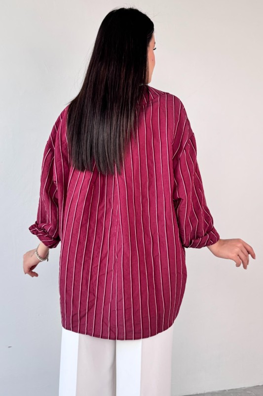 GML-4758 Bordo İnce Çizgili Oversize Gömlek - 4
