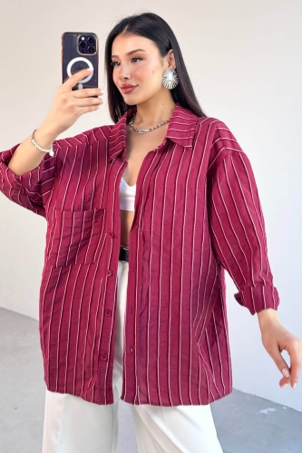 GML-4758 Bordo İnce Çizgili Oversize Gömlek - 5