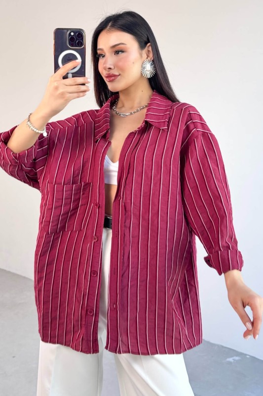 GML-4758 Bordo İnce Çizgili Oversize Gömlek - 5