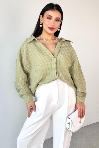 GML-4758 Haki İnce Çizgili Oversize Gömlek - 3