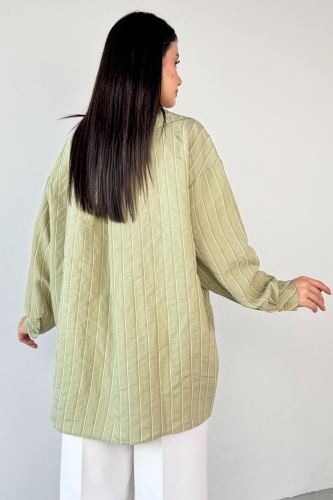 GML-4758 Haki İnce Çizgili Oversize Gömlek - 4