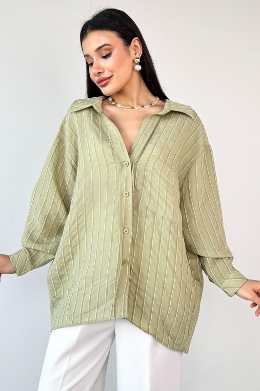 GML-4758 Haki İnce Çizgili Oversize Gömlek - 2