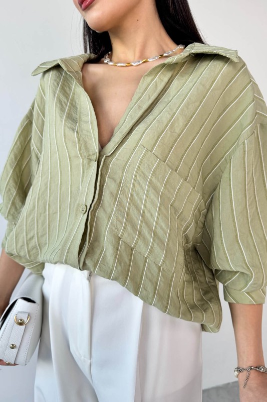 GML-4758 Haki İnce Çizgili Oversize Gömlek - 5