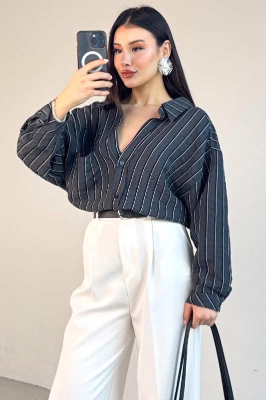 GML-4758 Siyah İnce Çizgili Oversize Gömlek - 3
