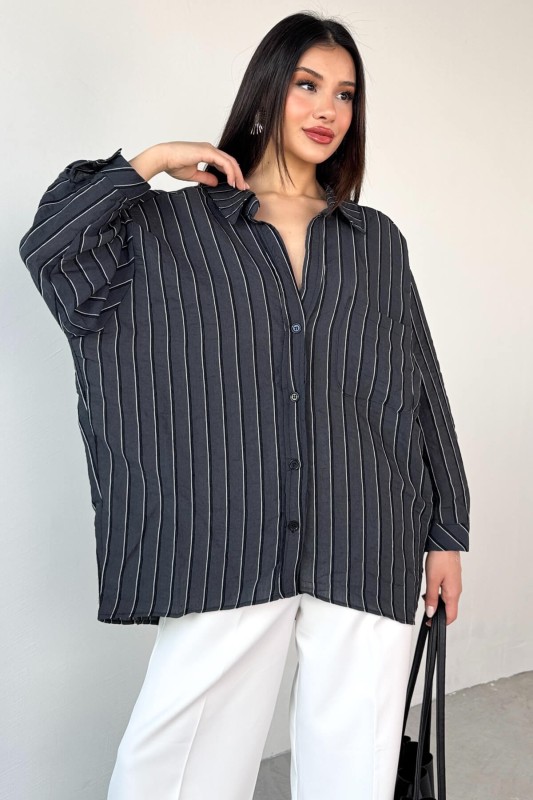 GML-4758 Siyah İnce Çizgili Oversize Gömlek - 4
