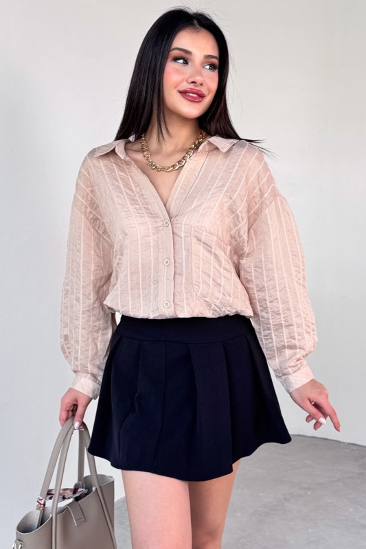 GML-4758 Taş Rengi İnce Çizgili Oversize Gömlek - 2