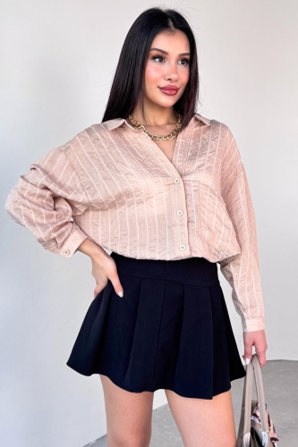 GML-4758 Taş Rengi İnce Çizgili Oversize Gömlek - 3