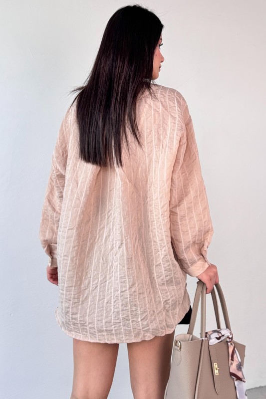 GML-4758 Taş Rengi İnce Çizgili Oversize Gömlek - 4