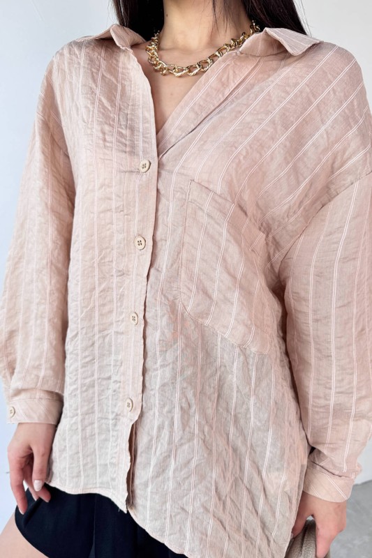 GML-4758 Taş Rengi İnce Çizgili Oversize Gömlek - 5