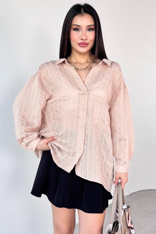 GML-4758 Taş Rengi İnce Çizgili Oversize Gömlek - 6