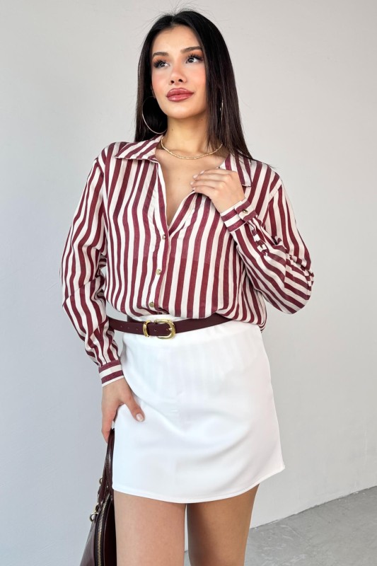 GML-4966 Bordo Çizgili Gold Düğme Detaylı Gömlek - 2