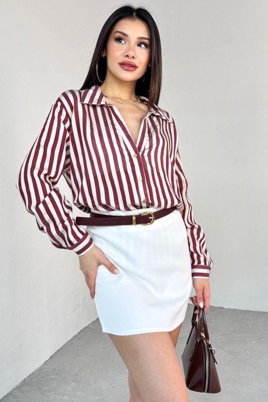 GML-4966 Bordo Çizgili Gold Düğme Detaylı Gömlek - 3