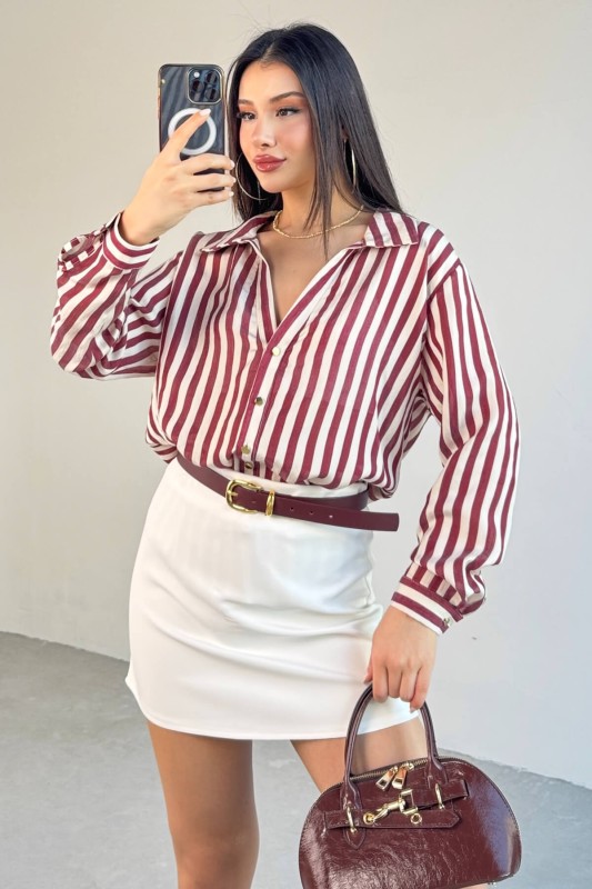 GML-4966 Bordo Çizgili Gold Düğme Detaylı Gömlek - 4
