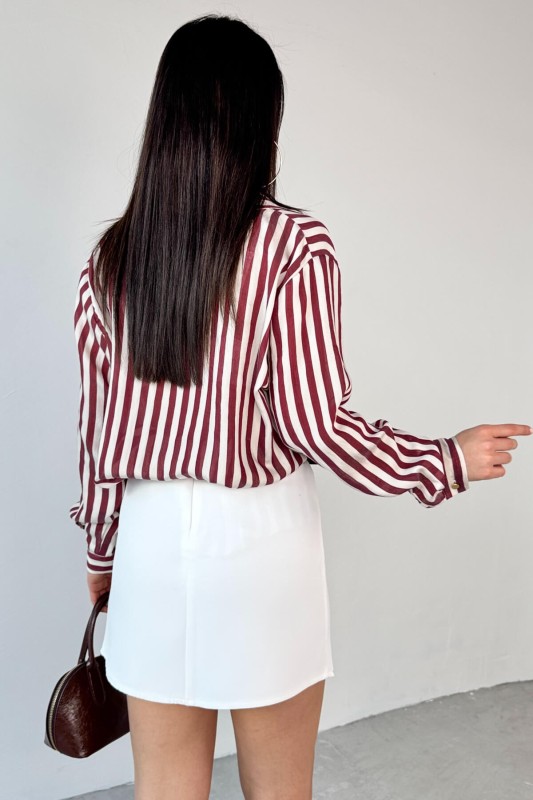 GML-4966 Bordo Çizgili Gold Düğme Detaylı Gömlek - 5