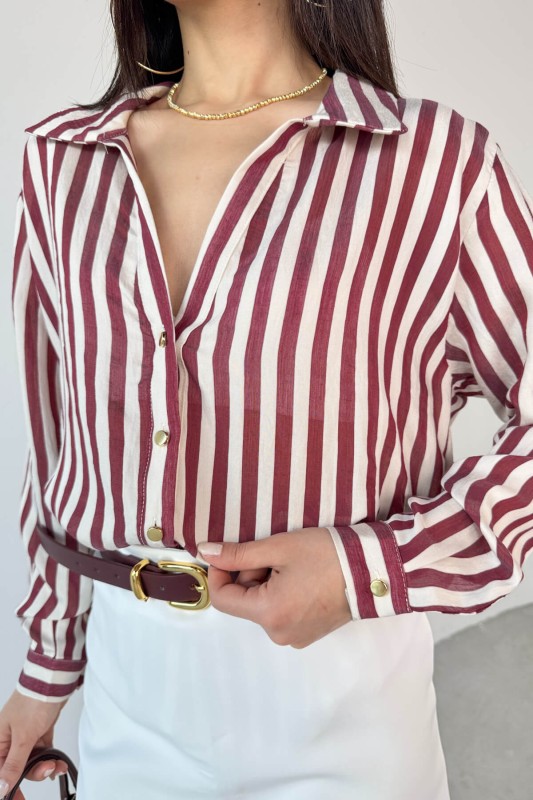 GML-4966 Bordo Çizgili Gold Düğme Detaylı Gömlek - 6