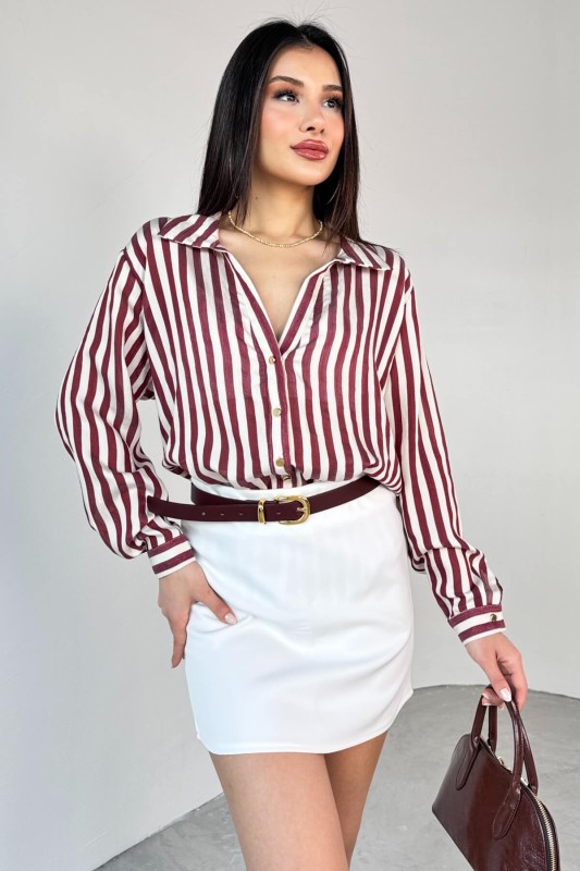 GML-4966 Bordo Çizgili Gold Düğme Detaylı Gömlek - 1