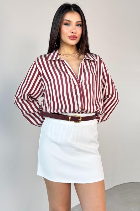GML-4966 Bordo Çizgili Gold Düğme Detaylı Gömlek - 7