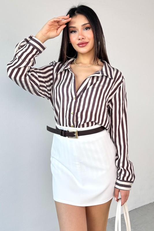 GML-4966 Mürdüm Çizgili Gold Düğme Detaylı Gömlek - 2
