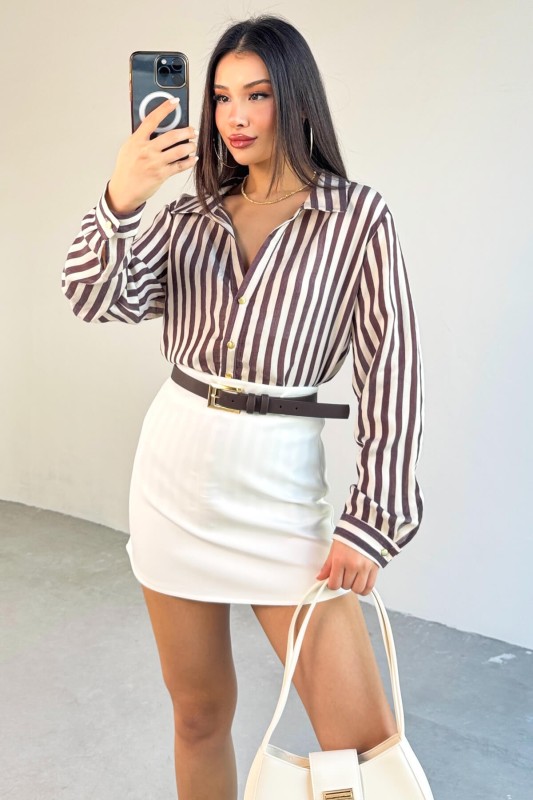 GML-4966 Mürdüm Çizgili Gold Düğme Detaylı Gömlek - 5