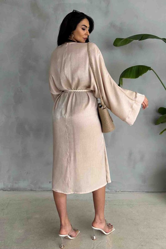 HRK-19102 Bej Rengi Effect Saten Kumaş Halat Kuşaklı Uzun Kimono - 4