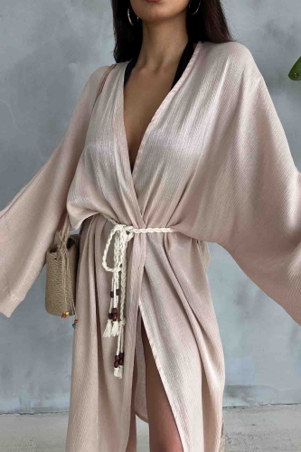 HRK-19102 Bej Rengi Effect Saten Kumaş Halat Kuşaklı Uzun Kimono - 2