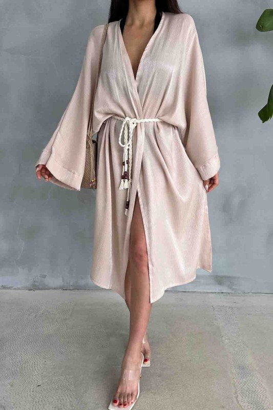 HRK-19102 Bej Rengi Effect Saten Kumaş Halat Kuşaklı Uzun Kimono - 3