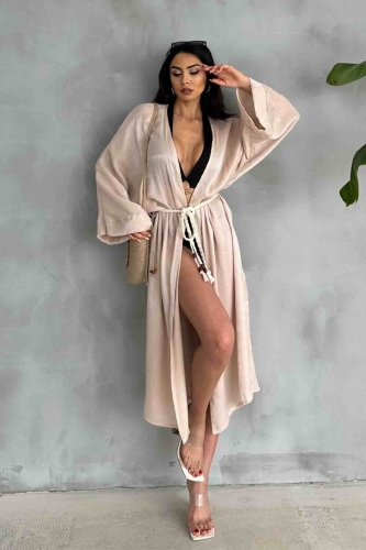 HRK-19102 Bej Rengi Effect Saten Kumaş Halat Kuşaklı Uzun Kimono - 1