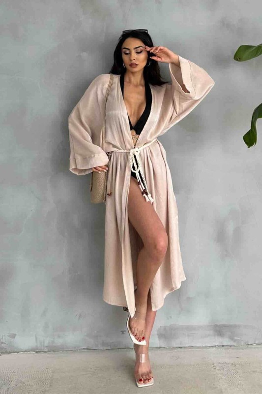 HRK-19102 Bej Rengi Effect Saten Kumaş Halat Kuşaklı Uzun Kimono - 1