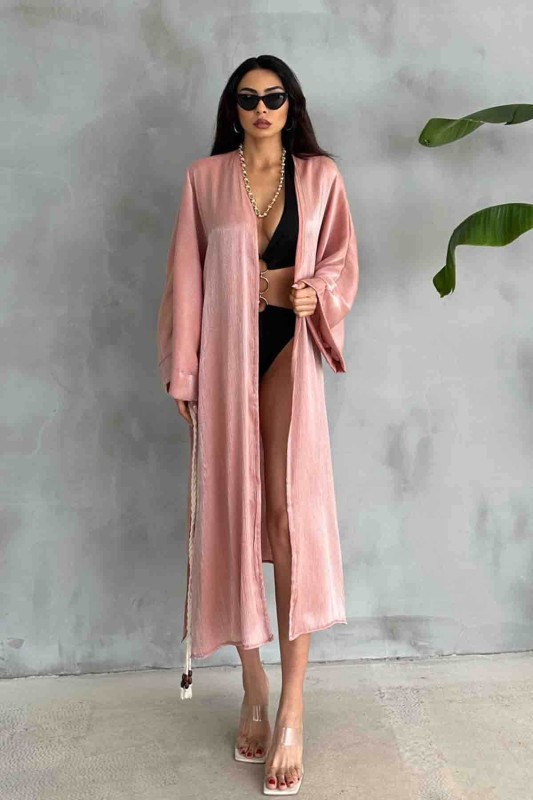 HRK-19102 Gül Kurusu Effect Saten Kumaş Halat Kuşaklı Uzun Kimono - 3