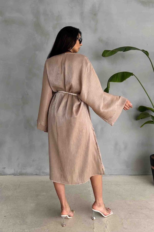 HRK-19102 Vizon Effect Saten Kumaş Halat Kuşaklı Uzun Kimono - 4