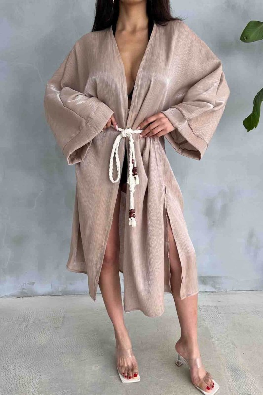 HRK-19102 Vizon Effect Saten Kumaş Halat Kuşaklı Uzun Kimono - 2