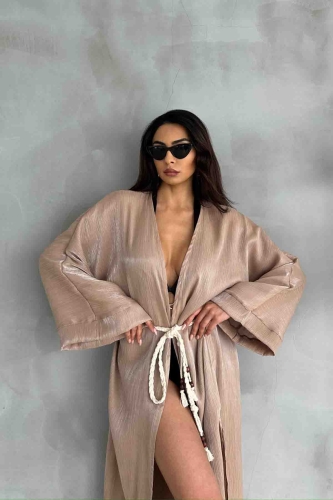 HRK-19102 Vizon Effect Saten Kumaş Halat Kuşaklı Uzun Kimono - 3