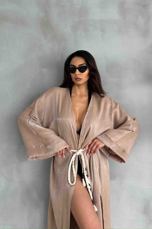 HRK-19102 Vizon Effect Saten Kumaş Halat Kuşaklı Uzun Kimono - 3