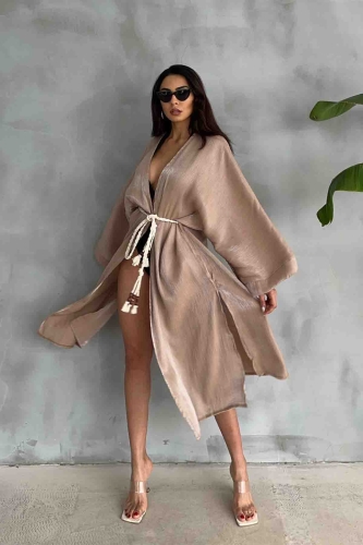 HRK-19102 Vizon Effect Saten Kumaş Halat Kuşaklı Uzun Kimono 