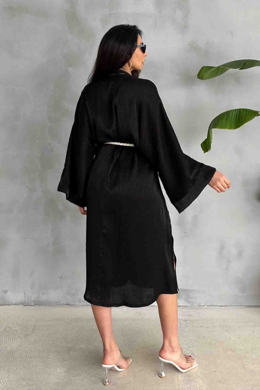 HRK-19102 Siyah Effect Saten Kumaş Halat Kuşaklı Uzun Kimono - 5